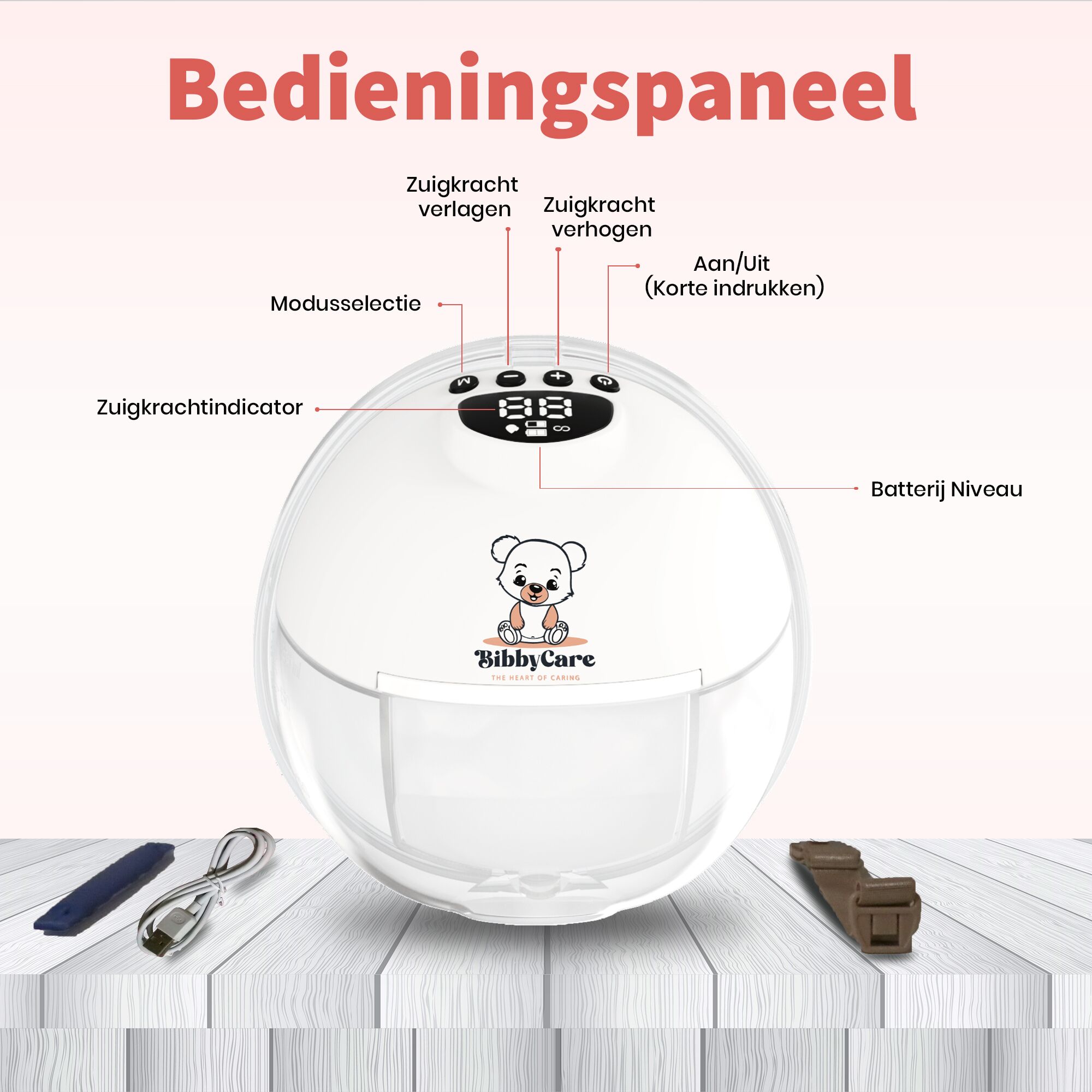 Control panel image Bibbycare draadloze elektrische borstkolf met een capaciteit van 180 ml en een 1000 mAh batterij, ontworpen voor gebruiksgemak en mobiliteit.