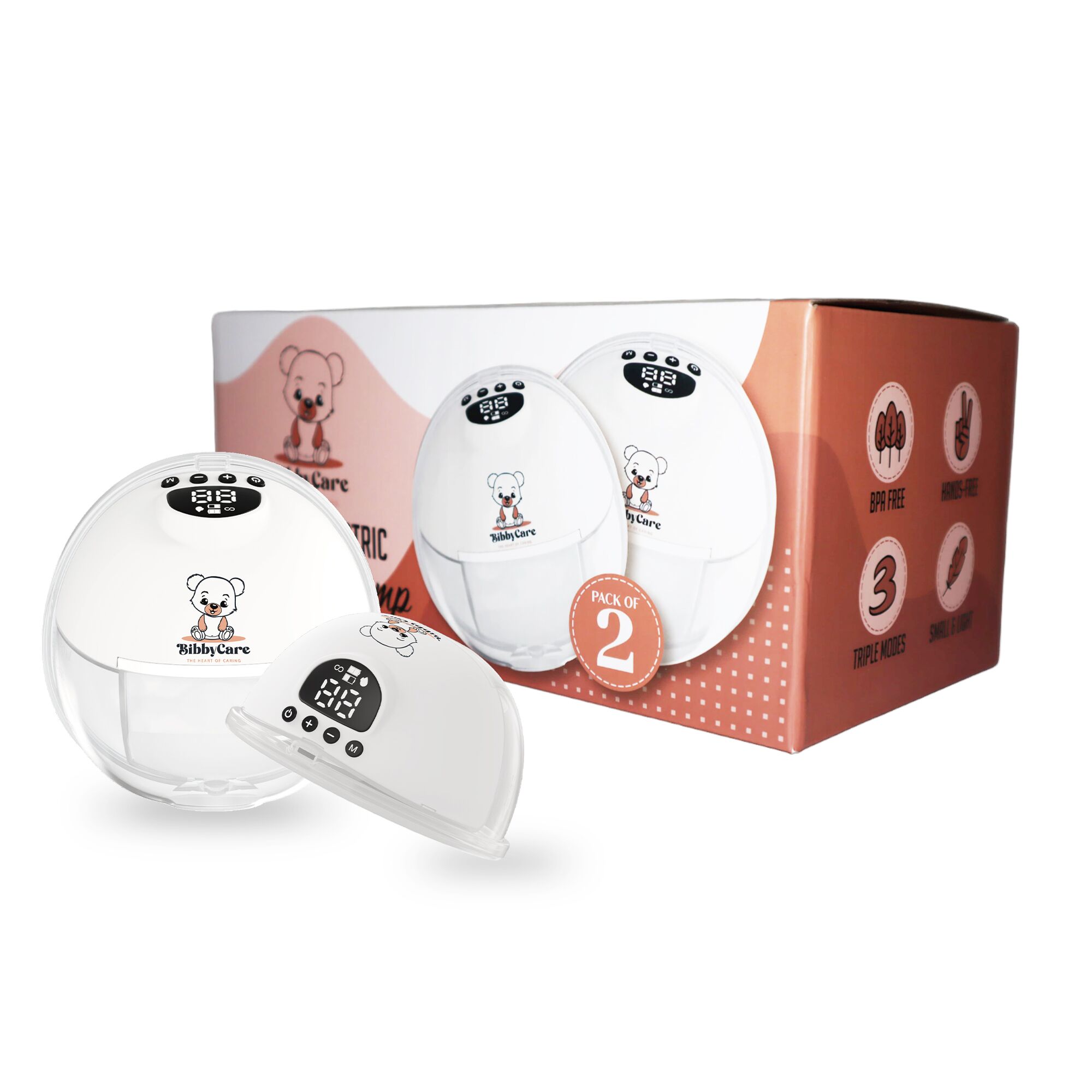 Product image with box Bibbycare draadloze elektrische borstkolf met een capaciteit van 180 ml en een 1000 mAh batterij, ontworpen voor gebruiksgemak en mobiliteit.