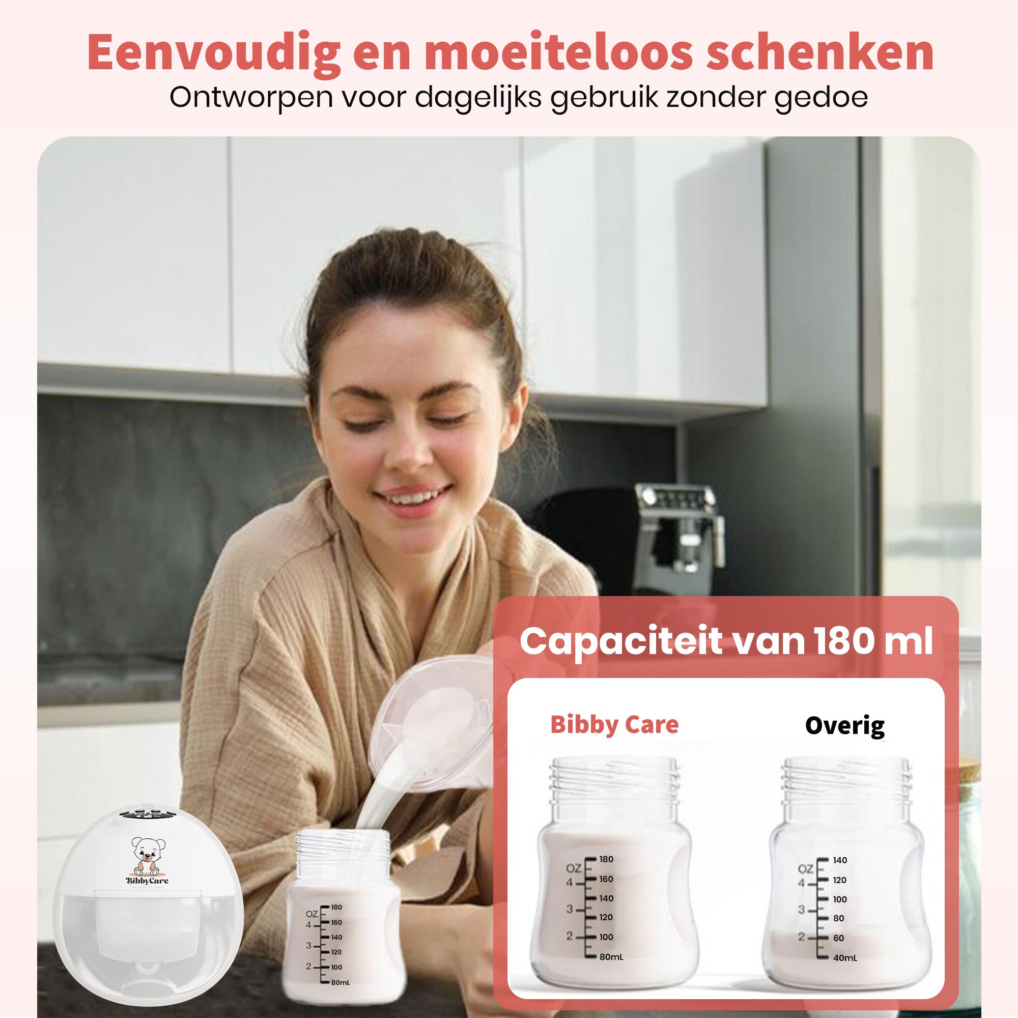 USP image 2 Bibbycare draadloze elektrische borstkolf met een capaciteit van 180 ml en een 1000 mAh batterij, ontworpen voor gebruiksgemak en mobiliteit.